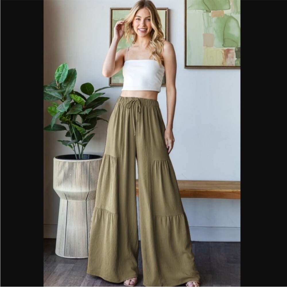 HEIMISH USA Olive Tiered Wide-Leg Drawstring Pants